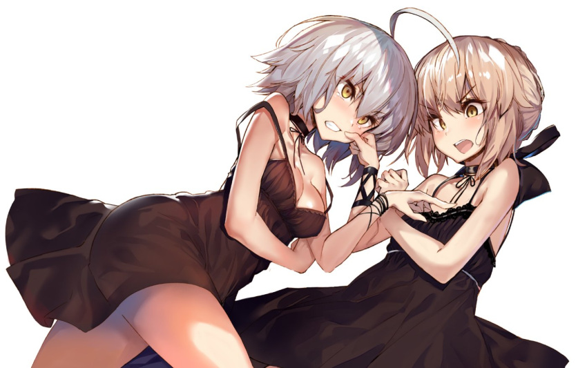 2girls ahoge akieda artoria_pendragon_(all) bare_shoulders blank_eyes breasts brown_hair cheek_pinching chemise choker cleavage clenched_teeth dutch_angle eyebrows_visible_through_hair fate/grand_order fate_(series) flat_chest hair_between_eyes jeanne_d'arc_(alter)_(fate) jeanne_d'arc_(fate)_(all) medium_breasts multiple_girls open_mouth pinching pointing ribbon ribbon_choker saber_alter short_hair silver_hair simple_background strap_slip tears teeth underwear underwear_only v-shaped_eyebrows white_background wrist_ribbon yellow_eyes