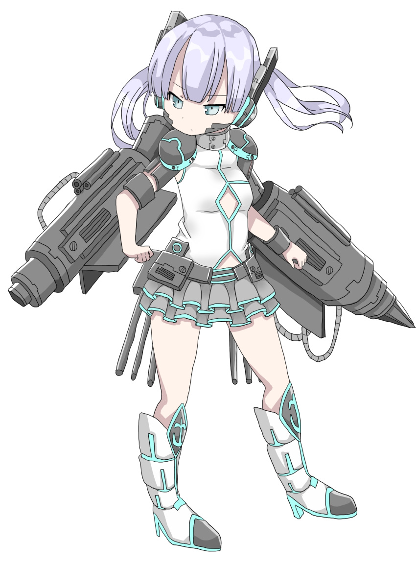 1girl armored_boots bangs boots closed_mouth commentary_request eyebrows_visible_through_hair green_eyes grey_skirt hamada_pengin headgear high_heel_boots high_heels highres knee_boots layered_skirt mecha_musume miniskirt original pleated_skirt purple_hair shirt siblings simple_background sisters skirt sleeveless sleeveless_shirt solo twintails weapon white_background white_footwear white_shirt