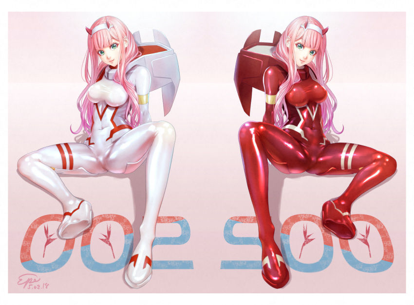 1girl bodysuit breasts darling_in_the_franxx eyebrows_visible_through_hair eyeshadow green_eyes hairband highres horns looking_at_viewer makeup medium_breasts mirror_image oni_horns pilot_suit pink_hair red_bodysuit red_horns shiny shiny_hair skin_tight solo white_hairband yudoufu_(unify) zero_two_(darling_in_the_franxx)
