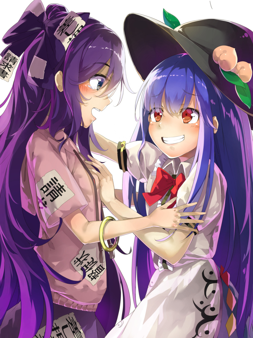 2girls blue_eyes blue_hair blue_skirt blush bow bracelet breast_grab breasts commentary_request cowboy_shot debt drawstring dress eye_contact eyebrows_visible_through_hair eyes_visible_through_hair flat_chest food fruit grabbing grey_hoodie grin hair_between_eyes hair_bow hair_over_eyes hand_on_another's_arm hand_on_another's_chest hat highres hinanawi_tenshi jewelry layered_dress leaf long_hair looking_at_another multiple_girls open_mouth partial_commentary peach piyodesu profile puffy_short_sleeves puffy_sleeves red_bow red_eyes red_neckwear short_sleeves simple_background skirt small_breasts smile tears touhou white_background yorigami_shion