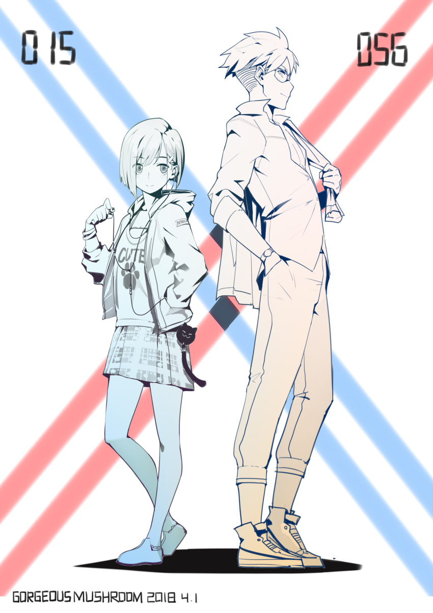 1boy 1girl absurdres artist_name charm_(object) clothes_writing collared_shirt contrapposto darling_in_the_franxx dated eyebrows_visible_through_hair glasses gorgeous_mushroom gorou_(darling_in_the_franxx) hair_ornament hairclip hand_up height_difference highres ichigo_(darling_in_the_franxx) limited_palette looking_at_viewer necktie pants pleated_skirt popped_collar profile revision shirt shoes short_hair skirt smile standing watch watch wing_collar