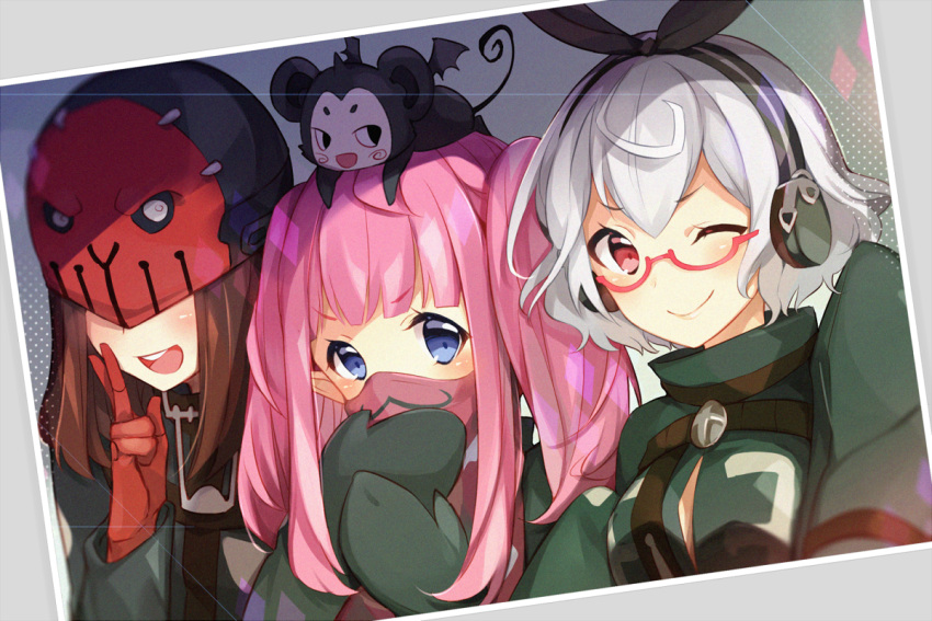 3girls :d ;) bangs black_ribbon blue_eyes blush breasts brown_hair closed_mouth commentary_request creature eyebrows_visible_through_hair face_mask gloves green_jacket green_mittens hair_between_eyes hair_ribbon headphones helmet jacket last_period leafwow long_hair long_sleeves looking_at_viewer mask medium_breasts mittens multiple_girls on_head one_eye_closed open_mouth photo_(object) pink_hair pointy_ears red-framed_eyewear red_eyes red_gloves ribbon semi-rimless_eyewear sidelocks silver_hair sleeves_past_fingers sleeves_past_wrists smile twintails under-rim_eyewear upper_teeth v