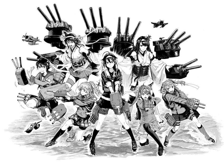 6+girls ahoge aircraft airplane asagumo_(kantai_collection) cannon collaboration commentary_request detached_sleeves full_body fusou_(kantai_collection) greyscale gufu_(guffuumu) hair_flaps hair_ornament headband hiro_(chumo) kantai_collection long_hair michishio_(kantai_collection) mogami_(kantai_collection) monochrome multiple_girls nontraditional_miko one_knee open_mouth ponytail remodel_(kantai_collection) rigging serious shigure_(kantai_collection) short_hair shorts simple_background standing standing_on_liquid standing_on_one_leg torpedo_tubes turret twintails white_background yamada_rei_(rou) yamagumo_(kantai_collection) yamashiro_(kantai_collection)