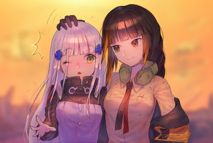 /\/\/\ 2girls :&lt;&gt; bangs black_hair blonde_hair blunt_bangs blush braid breasts brown_eyes closed_mouth eyebrows_visible_through_hair eyes_visible_through_hair flying_sweatdrops girls_frontline green_eyes hair_ornament hand_on_another's_head headphones headphones_around_neck hk416_(girls_frontline) jacket long_hair m16a1_(girls_frontline) medium_breasts multicolored_hair multiple_girls necktie off_shoulder one_eye_closed open_mouth red_neckwear saku_t shirt sidelocks silver_hair smile streaked_hair upper_body yellow_shirt