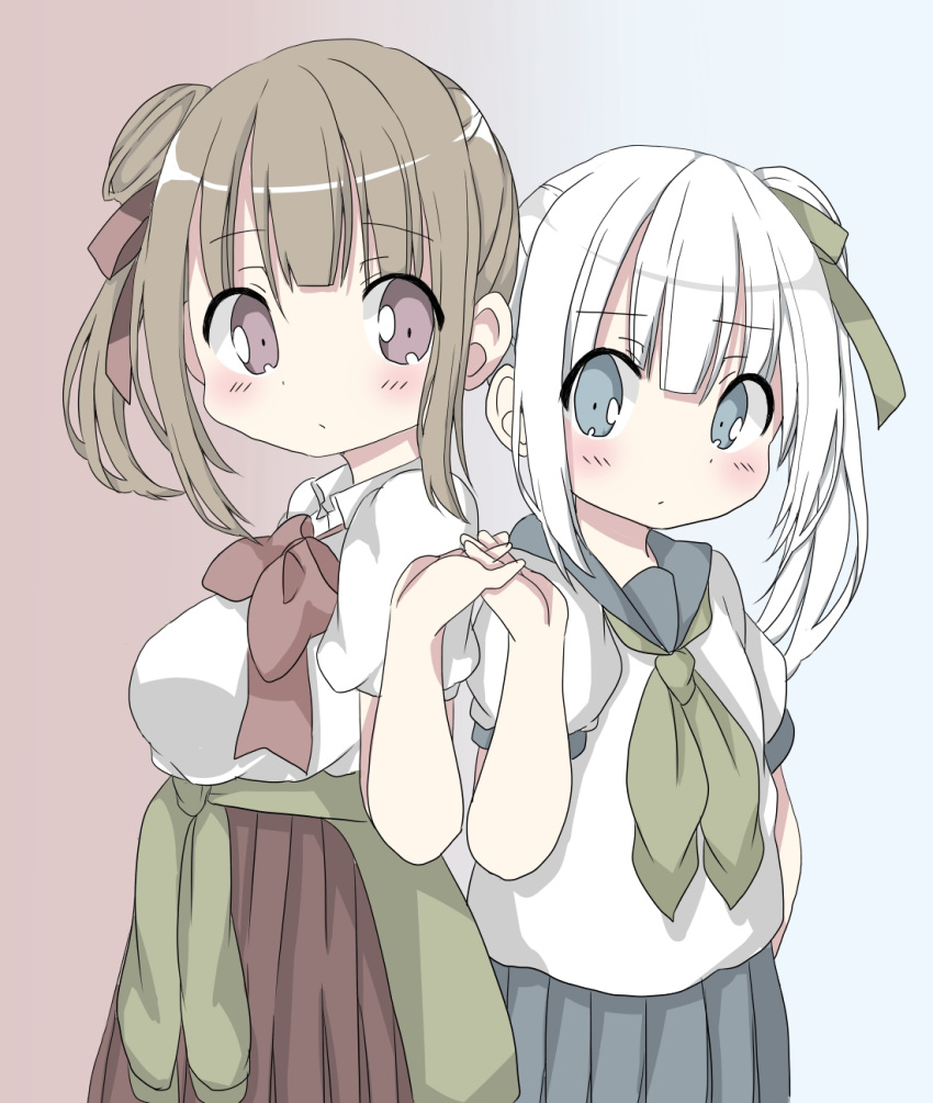 2girls bangs blue_background blue_eyes blue_skirt blush bow breasts brown_background brown_bow brown_eyes brown_hair brown_skirt closed_mouth clothes_around_waist collared_shirt commentary_request eyebrows_visible_through_hair gradient gradient_background green_neckwear hair_between_eyes hair_bun hamada_pengin hand_up high-waist_skirt highres interlocked_fingers long_hair looking_at_viewer looking_to_the_side medium_breasts multiple_girls neckerchief original pleated_skirt puffy_short_sleeves puffy_sleeves school_uniform serafuku shirt short_sleeves side_bun side_ponytail sidelocks silver_hair skirt white_shirt