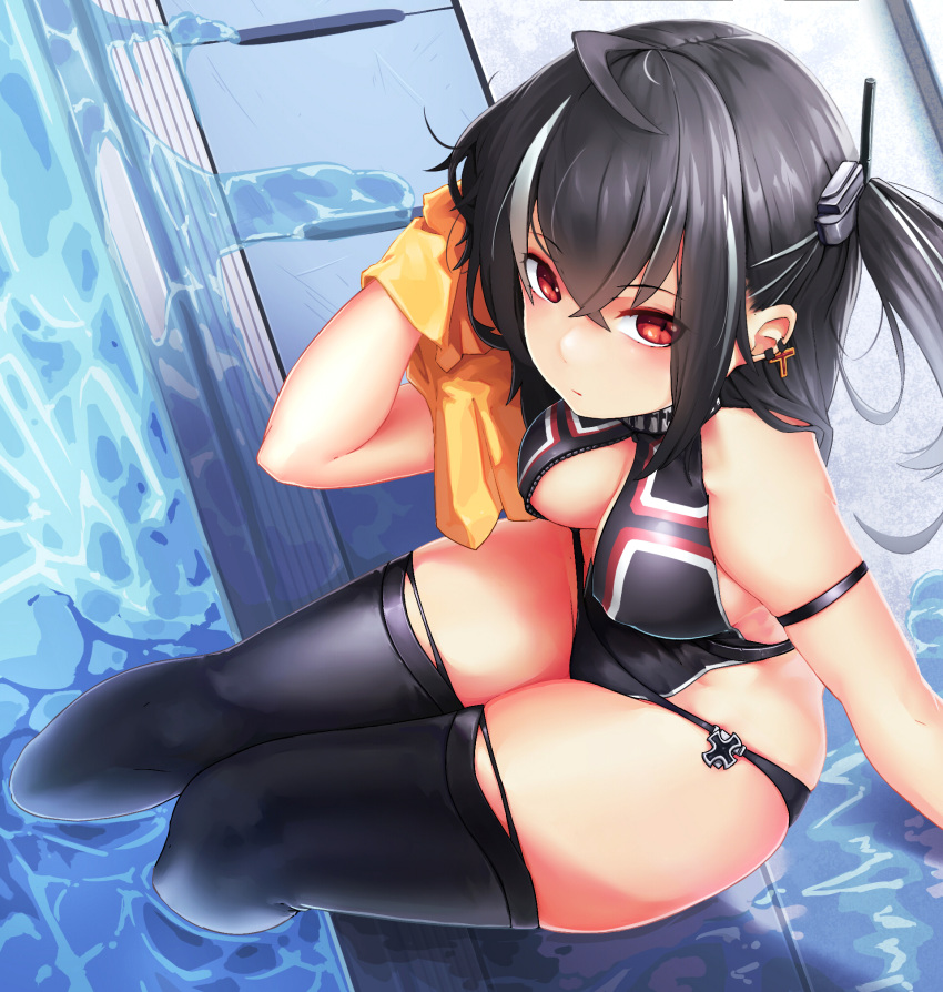 1girl arm_strap arm_support azur_lane bangs bare_shoulders beach black_gloves black_hair black_legwear black_panties blush breasts cleavage cross cross_earrings crossed_bangs day earrings elbow_gloves equan_tk eyebrows_visible_through_hair eyes_visible_through_hair from_above front_zipper_swimsuit gloves hair_between_eyes hair_ornament head_tilt headgear highres iron_cross jewelry large_breasts long_hair looking_at_viewer meme_attire multicolored_hair no_bra one-piece_swimsuit one_side_up outdoors panties poolside red_eyes sidelocks sitting skindentation solo streaked_hair swimsuit symbol-shaped_pupils thigh-highs thighs towel u-47_(azur_lane) underwear unzipped wet white_hair wiping work_in_progress