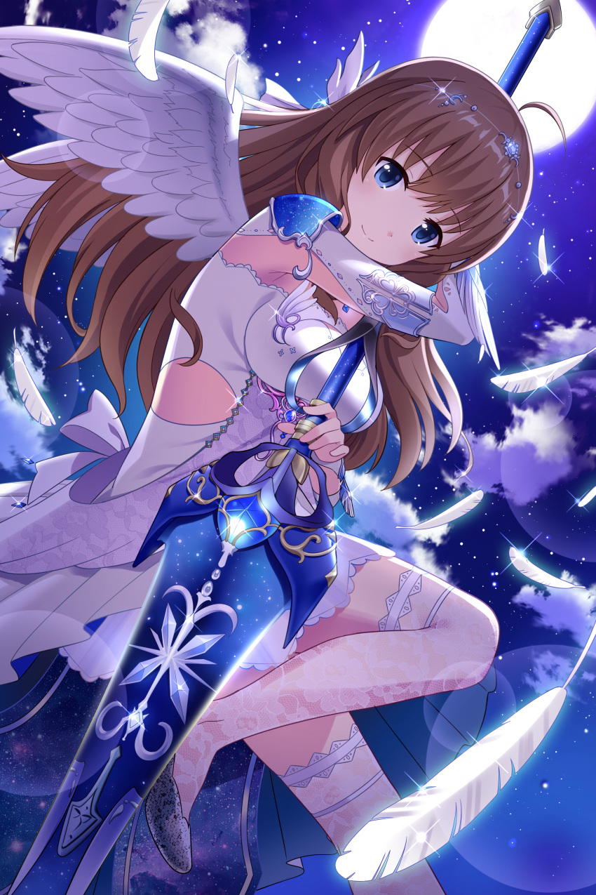 1girl absurdres alternative_girls angel arimura_shion blue_eyes breasts brown_hair clouds cutout dress feathered_wings floating_hair full_moon grey_footwear hair_ornament highres holding holding_weapon long_hair looking_at_viewer medium_breasts moon night one_leg_raised outdoors pumps short_dress sky smile solo sparkle spaulders star_(sky) starry_sky thigh-highs weapon white_dress white_feathers white_legwear white_wings wings
