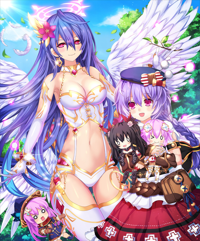 2girls :d :o angel_wings bare_shoulders beluga_dolphin blank_eyes blue_hair blush braid breasts character_doll cleavage cleavage_cutout cowboy_shot day doll dual_persona elbow_gloves fantasy flower four_goddesses_online:_cyber_dimension_neptune gloves hair_between_eyes hair_flower hair_ornament halo highres hug iris_heart jewelry kami_jigen_game_neptune_v large_breasts leotard long_hair looking_at_viewer multiple_girls navel nepgear neptune_(choujigen_game_neptune) neptune_(series) noire open_mouth power_symbol purple_hair pururut revealing_clothes revision smile symbol-shaped_pupils tied_hair very_long_hair violet_eyes wings