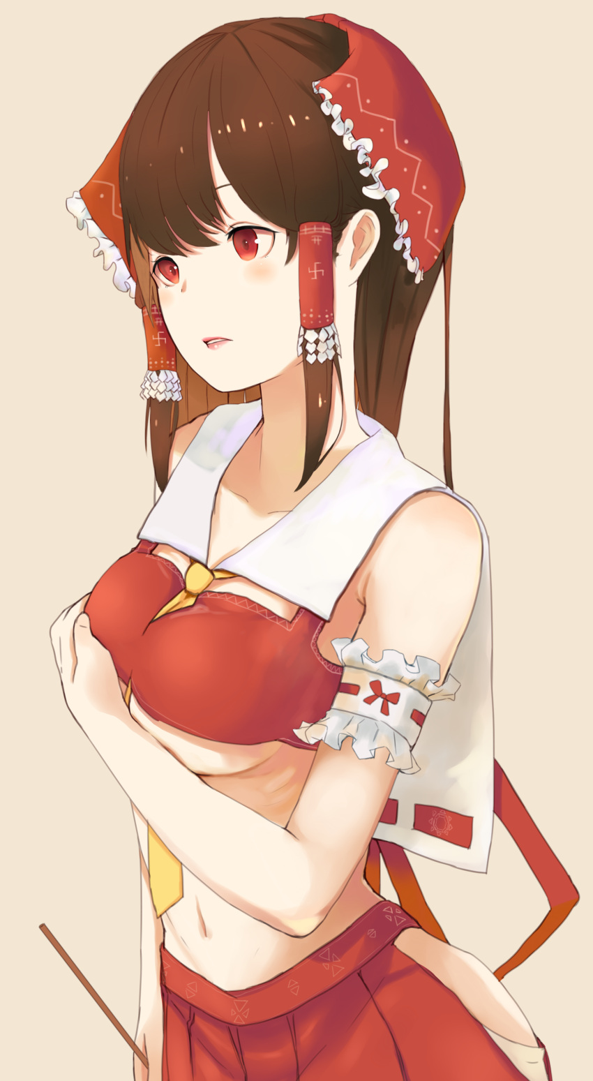 1girl absurdres arm_at_side armband bangs blush bow breasts brown_hair crop_top eyelashes facing_away frilled_bow frills gohei hair_between_eyes hair_bow hair_tubes hakurei_reimu hand_on_breast highres hip_vent holding isaka_wasabi lips long_hair looking_away medium_breasts navel necktie no_bra nontraditional_miko pink_lips pleated_skirt red_bow red_eyes red_shirt red_skirt ribbon-trimmed_clothes ribbon_trim shide shirt simple_background skirt solo stomach straight_hair swastika touhou under_boob yellow_neckwear