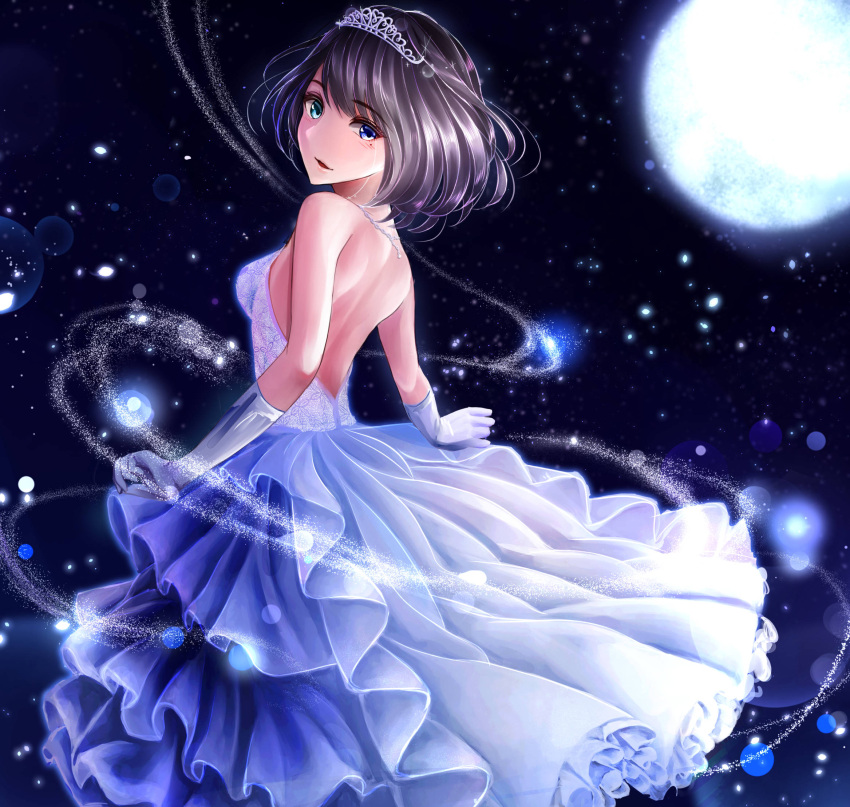 1girl backless_outfit blue_eyes brown_hair diadem dress elbow_gloves floating_hair from_behind gloves green_eyes grey_gloves heterochromia highres idolmaster idolmaster_cinderella_girls kazuko_(pixiv13581460) long_dress looking_at_viewer looking_back open-back_dress open_mouth short_hair smile solo standing takagaki_kaede white_dress