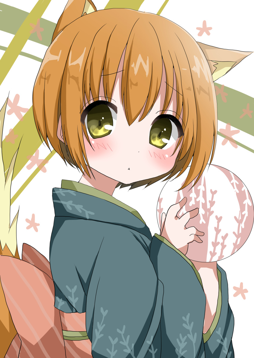 1girl absurdres animal_ears ball bangs blue_kimono blush bow brown_bow brown_hair commentary_request diagonal_stripes eyebrows_visible_through_hair hair_between_eyes hamada_pengin hands_up highres holding holding_ball hoshizora_rin japanese_clothes kimono long_sleeves looking_at_viewer looking_to_the_side love_live! love_live!_school_idol_project parted_lips print_kimono short_hair solo striped striped_bow tail tail_raised wide_sleeves yellow_eyes