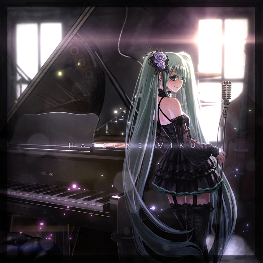 1girl aqua_eyes aqua_hair artist_name bangs bare_shoulders black_border black_dress black_legwear blue_flower blue_rose border character_name choker closed_mouth commentary_request day detached_sleeves dress flower frilled_choker frills from_behind garter_straps garters grand_piano hair_flower hair_ornament hatsune_miku highres holding holding_microphone ikeda_(hayato) indoors instrument layered_dress lens_flare light_particles long_hair looking_at_viewer looking_back microphone piano pleated_skirt rose skirt smile solo sparkle standing sunlight thigh-highs twintails very_long_hair vocaloid window zettai_ryouiki