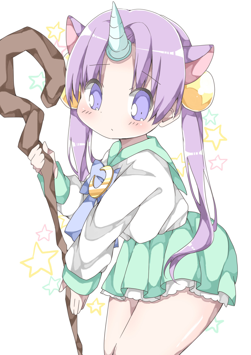 1girl absurdres animal_ears bangs blue_bow blush bow closed_mouth commentary_request crescent eyebrows_visible_through_hair green_sailor_collar green_skirt hair_ornament hamada_pengin highres holding holding_staff horn horse_ears long_hair long_sleeves original parted_bangs personification pleated_skirt purple_hair sailor_collar school_uniform serafuku shirt simple_background skirt sleeves_past_wrists solo staff star twintails unicorn_girl very_long_hair violet_eyes white_background white_shirt