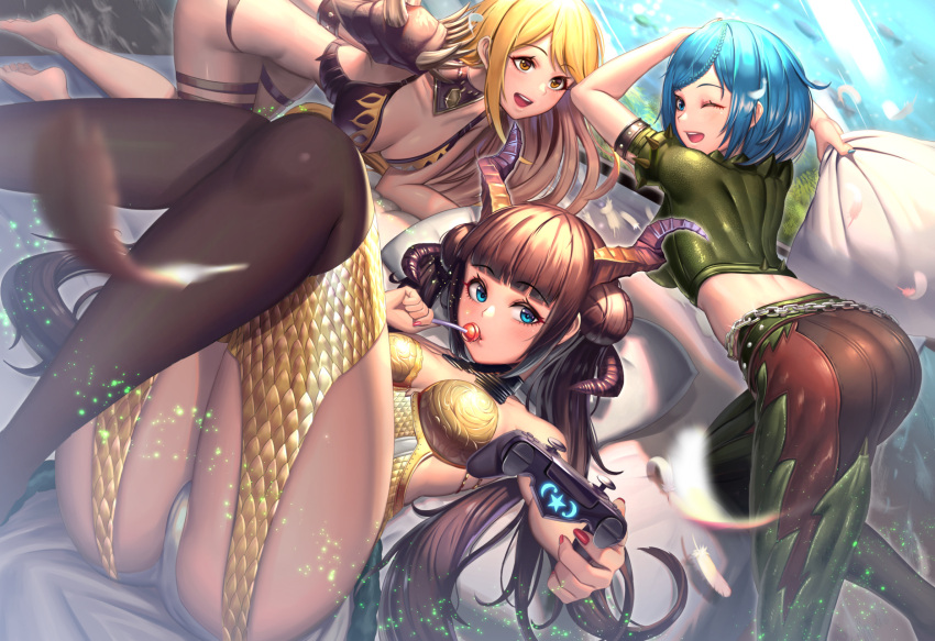 3girls :d all_fours armor ass bangs blonde_hair blue_eyes blue_hair blunt_bangs blush braid breasts brown_hair candy character_request commentary_request controller double_bun eyebrows_visible_through_hair fingernails food game_controller highres holding horns large_breasts light_particles lollipop long_hair looking_at_viewer lying monster_hunter monster_hunter:_world moonandmist multiple_girls nail_polish on_back one_eye_closed open_mouth pillow_fight pink_nails short_hair skin_tight smile spikes thigh-highs yellow_eyes