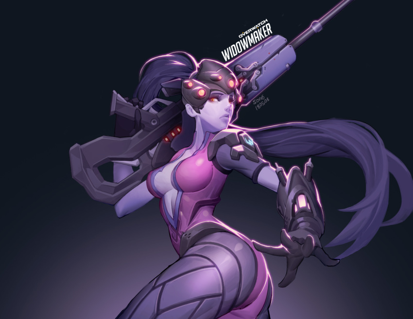 1girl artist_name ass backlighting black_gloves bodysuit breasts center_opening character_name copyright_name cowboy_shot dated earrings from_side gloves gradient gradient_background gun hair_pulled_back head_mounted_display holding holding_gun holding_weapon jewelry lipstick long_hair looking_back makeup medium_breasts nose overwatch pauldrons pink_bodysuit ponytail purple_background purple_hair purple_lips purple_lipstick purple_skin rifle short_sleeves signature sniper_rifle solo son6 stud_earrings twisted_torso visor weapon widowmaker_(overwatch)