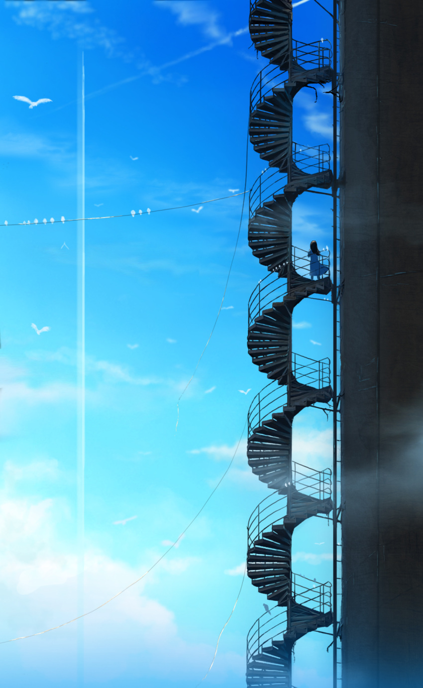1girl aki_(aki_k6) bird blue_dress blue_sky brown_hair cable clouds commentary_request condensation_trail day dress facing_viewer from_behind highres original outdoors scenery sky solo stairwell standing
