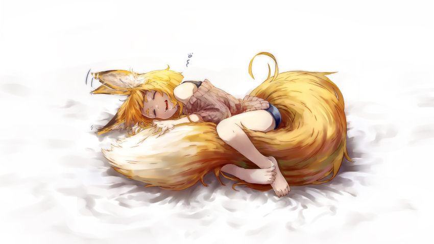 1girl :d animal_ears bare_shoulders bare_tree barefoot bike_shorts blonde_hair closed_eyes commentary_request fox_ears fox_tail highres jaco large_tail long_sleeves lying motion_lines on_side open_mouth original parted_lips ribbed_sweater short_hair sleeping smile solo sweater tail tail_hug tree