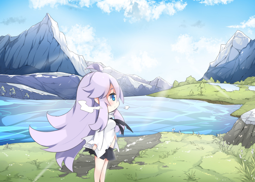 1girl ahoge bangs black_neckwear black_skirt blue_eyes blue_sky blush breasts breath closed_mouth clouds commentary_request day fuyou-chan hair_between_eyes lake long_hair long_sleeves looking_away medium_breasts milkpanda mountain original outdoors profile purple_hair shirt skirt sky snow solo standing torn_clothes torn_shirt torn_skirt tree very_long_hair water white_shirt wide_sleeves