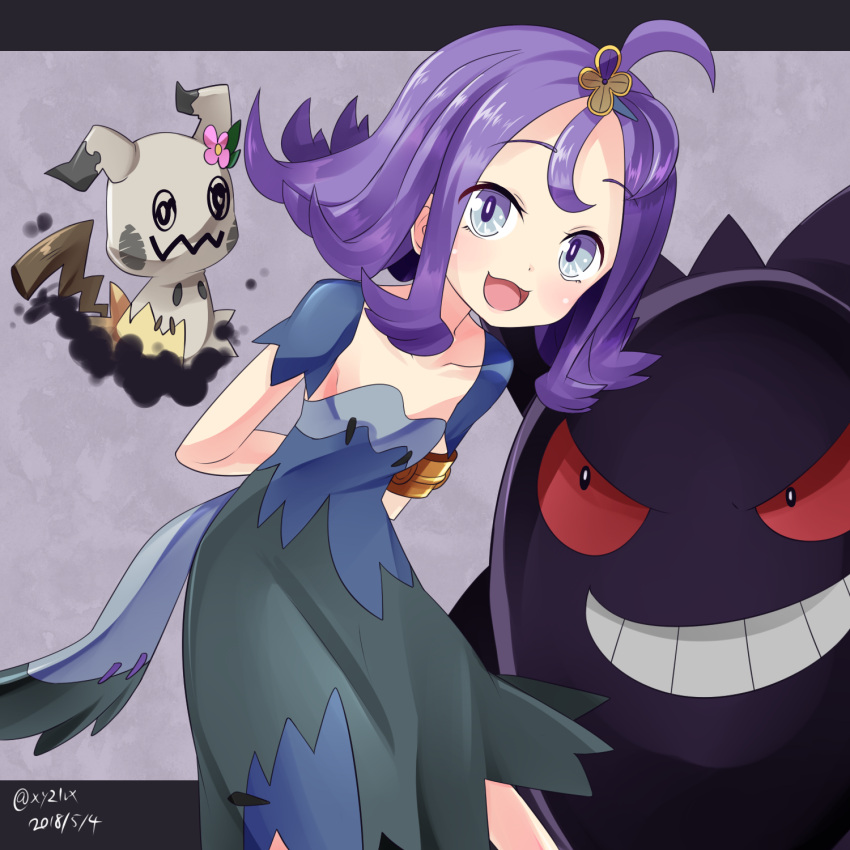 1girl :d acerola_(pokemon) ahoge armlet arms_behind_back bangs blue_eyes breasts collarbone commentary_request dated dress eyebrows_visible_through_hair flipped_hair flower gen_1_pokemon gen_7_pokemon gengar hair_ornament hebitsukai-san highres leaning_forward looking_at_viewer mimikyu open_mouth pink_flower pokemon pokemon_(creature) pokemon_(game) pokemon_sm purple_hair short_sleeves small_breasts smile topknot twitter_username