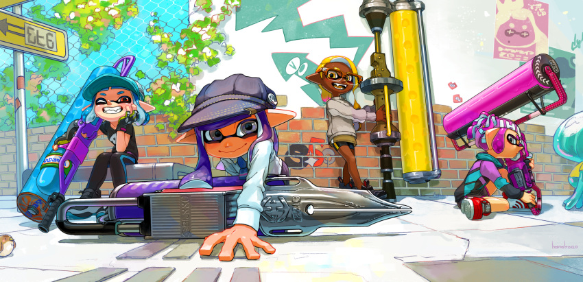 4girls against_wall asymmetrical_hair chain-link_fence dark_skin fangs fence hanako515_ika hat headband highres inkling jellyfish_(splatoon) looking_at_viewer multiple_girls open_mouth plant pointy_ears poster purple_hair road_sign sign sitting smile splat_roller_(splatoon) splatoon splatoon_2 teeth tentacle_hair vines wariza wavy_mouth weapon