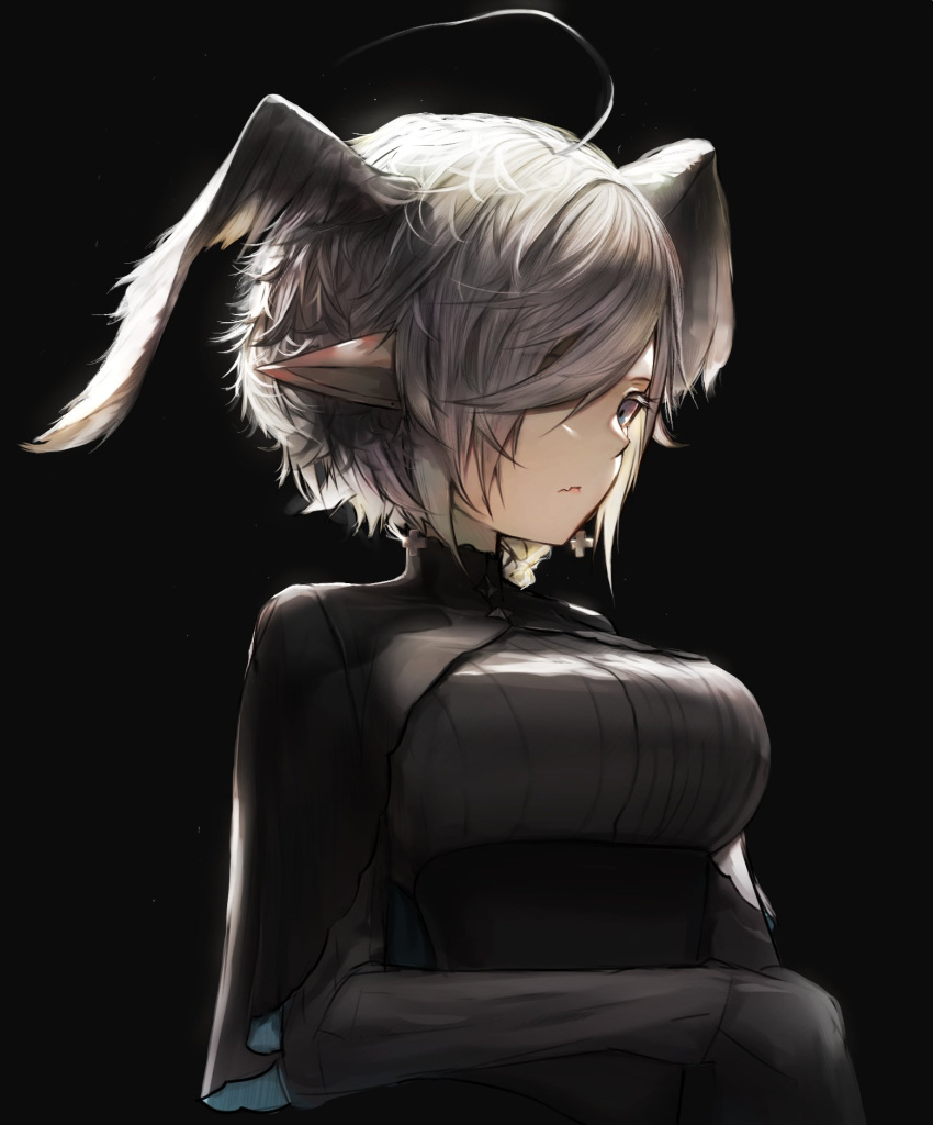 1girl ahoge bangs black black_background black_capelet breasts capelet character_request closed_mouth colored_eyelashes copyright_request eyelashes facing_away fang feathered_wings feathers frown grey_eyes grey_hair hair_between_eyes head_wings highres isaka_wasabi large_breasts long_sleeves looking_away short_hair simple_background solo turtleneck wings