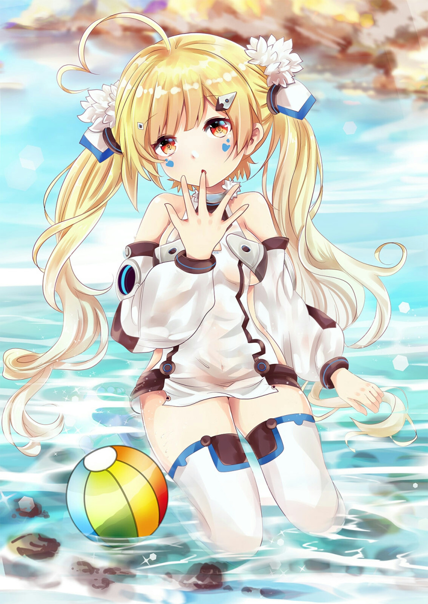 1girl ahoge azur_lane ball bangs bare_shoulders beachball blonde_hair blue_sky blush breasts chestnut_mouth clouds commentary_request day detached_sleeves dress eldridge_(azur_lane) eyebrows_visible_through_hair facial_mark finger_to_mouth hair_ornament head_tilt heart_ahoge highres long_hair long_sleeves medium_breasts mutang no_shoes outdoors parted_lips puffy_long_sleeves puffy_sleeves red_eyes seiza shallow_water sitting sky sleeveless sleeveless_dress soles solo thigh-highs twintails very_long_hair water white_dress white_legwear