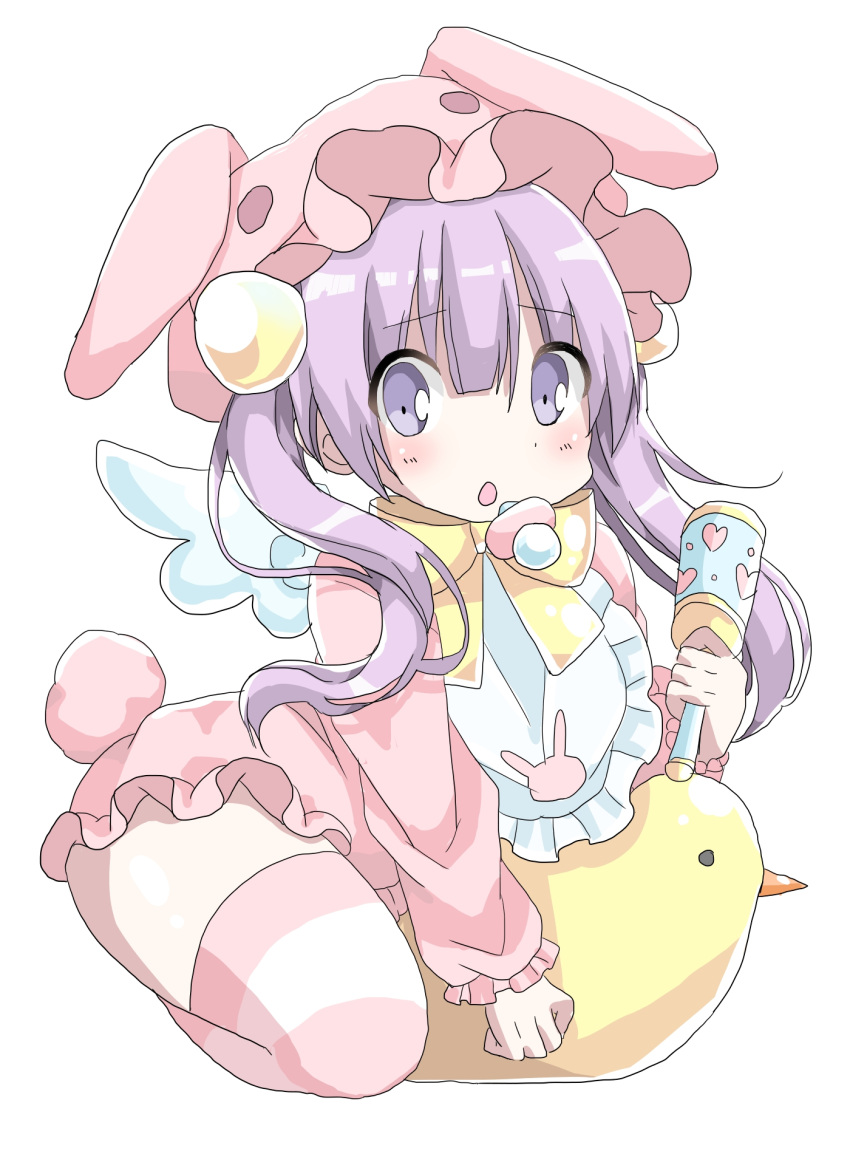 1girl :o animal_ears animal_hat bangs bib blue_wings blush bow bunny_hat bunny_tail commentary_request eyebrows_visible_through_hair hair_between_eyes hair_ornament hamada_pengin hat highres holding long_hair long_sleeves looking_at_viewer onesie original pacifier parted_lips pink_hat purple_hair rabbit_ears rattle simple_background solo striped striped_legwear tail thigh-highs twintails very_long_hair violet_eyes white_background wings yellow_bow