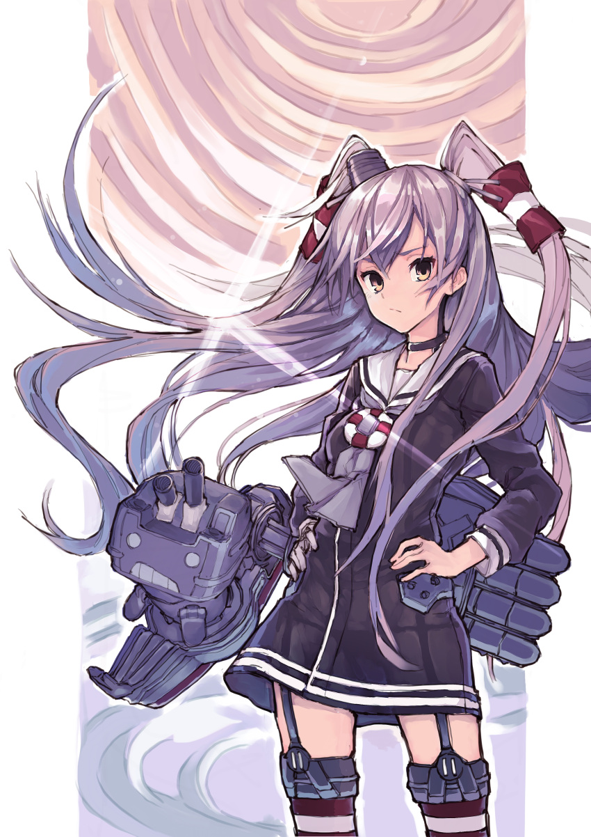 1girl absurdres air_qe amatsukaze_(kantai_collection) black_choker black_dress brown_eyes choker closed_mouth dress garter_straps hair_between_eyes hair_tubes highres kantai_collection lifebuoy long_hair long_sleeves rensouhou-kun sailor_collar sailor_dress short_dress silver_hair smokestack smokestack_hair_ornament solo thigh-highs two_side_up white_sailor_collar windsock