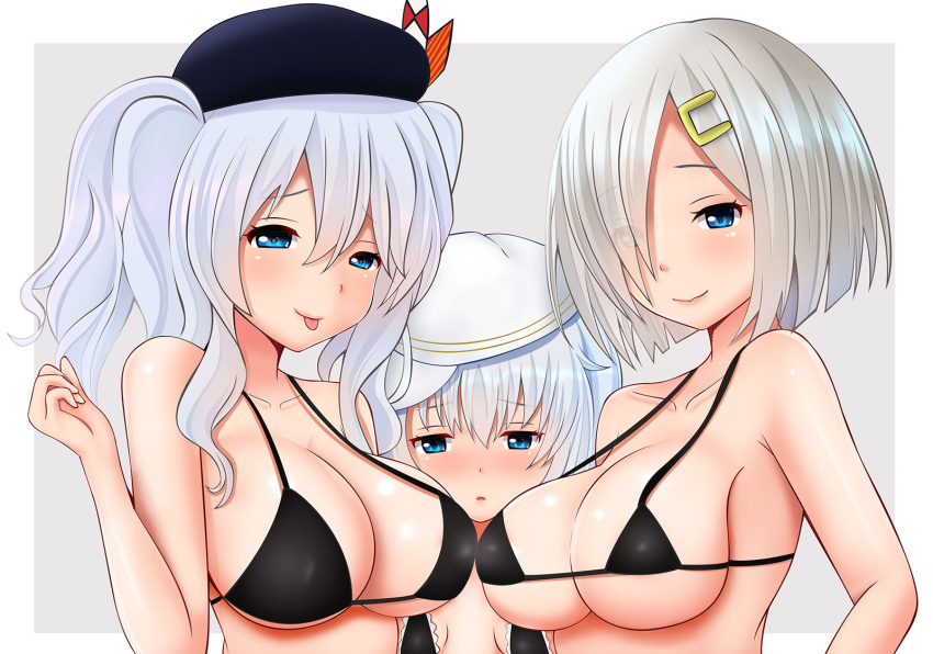 3girls beret bikini_top black_bikini_top blue_eyes blush bra breast_envy breasts eyebrows_visible_through_hair grey_hair hair_between_eyes hair_ornament hairclip hamakaze_(kantai_collection) hat hibiki_(kantai_collection) hifumi_kei highres kantai_collection kashima_(kantai_collection) large_breasts long_hair looking_at_viewer medium_breasts multiple_girls peaked_cap sailor_hat silver_hair small_breasts swimsuit underwear verniy_(kantai_collection)