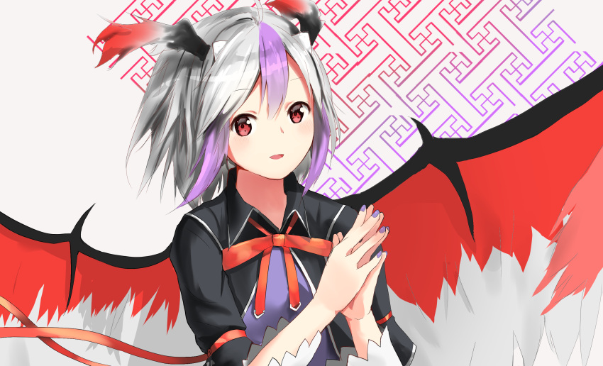 1girl :d ahoge bangs eyebrows eyebrows_visible_through_hair fingernails fingers_together hair_between_eyes hands_up head_wings highres horns isaka_wasabi looking_at_viewer multicolored multicolored_hair multicolored_wings nail_polish open_mouth purple_hair purple_nails red_eyes red_ribbon red_wings ribbon silver_hair silver_wings smile solo tokiko_(touhou) touhou two-tone_hair upper_body wings