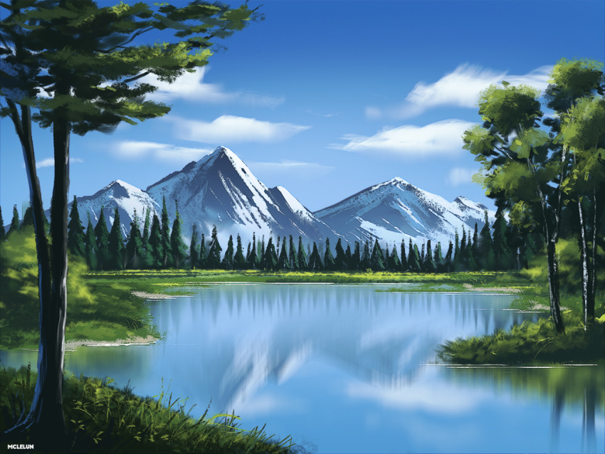 artist_name clouds commentary english_commentary forest grass lake making_of mclelun mountain nature no_humans original outdoors reflection scenery tree