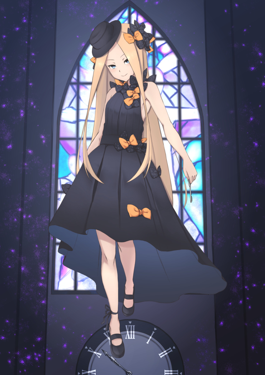 1girl abigail_williams_(fate/grand_order) ankle_ribbon armpits bangs bare_arms bare_shoulders black_bow black_dress black_footwear black_hat black_ribbon blonde_hair blue_eyes blush bow clock closed_mouth commentary_request dress fate/grand_order fate_(series) hair_bow hat head_tilt highres holding holding_key jilu key long_hair mary_janes orange_bow parted_bangs polka_dot polka_dot_bow ribbon roman_numerals shoes sleeveless sleeveless_dress smile solo stained_glass very_long_hair window