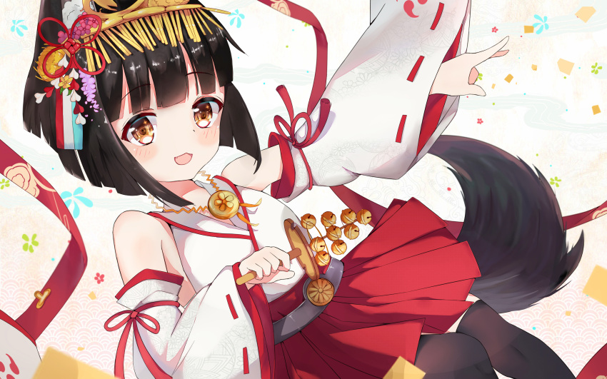 1girl :3 absurdres animal_ears azur_lane bell black_hair black_legwear brown_eyes detached_sleeves fang fox_ears fox_tail hair_ornament highres japanese_clothes jingle_bell kagura_suzu miko mutsu_(azur_lane) open_mouth outstretched_arm red_skirt shirt short_hair skirt smile solo tail thigh-highs white_shirt