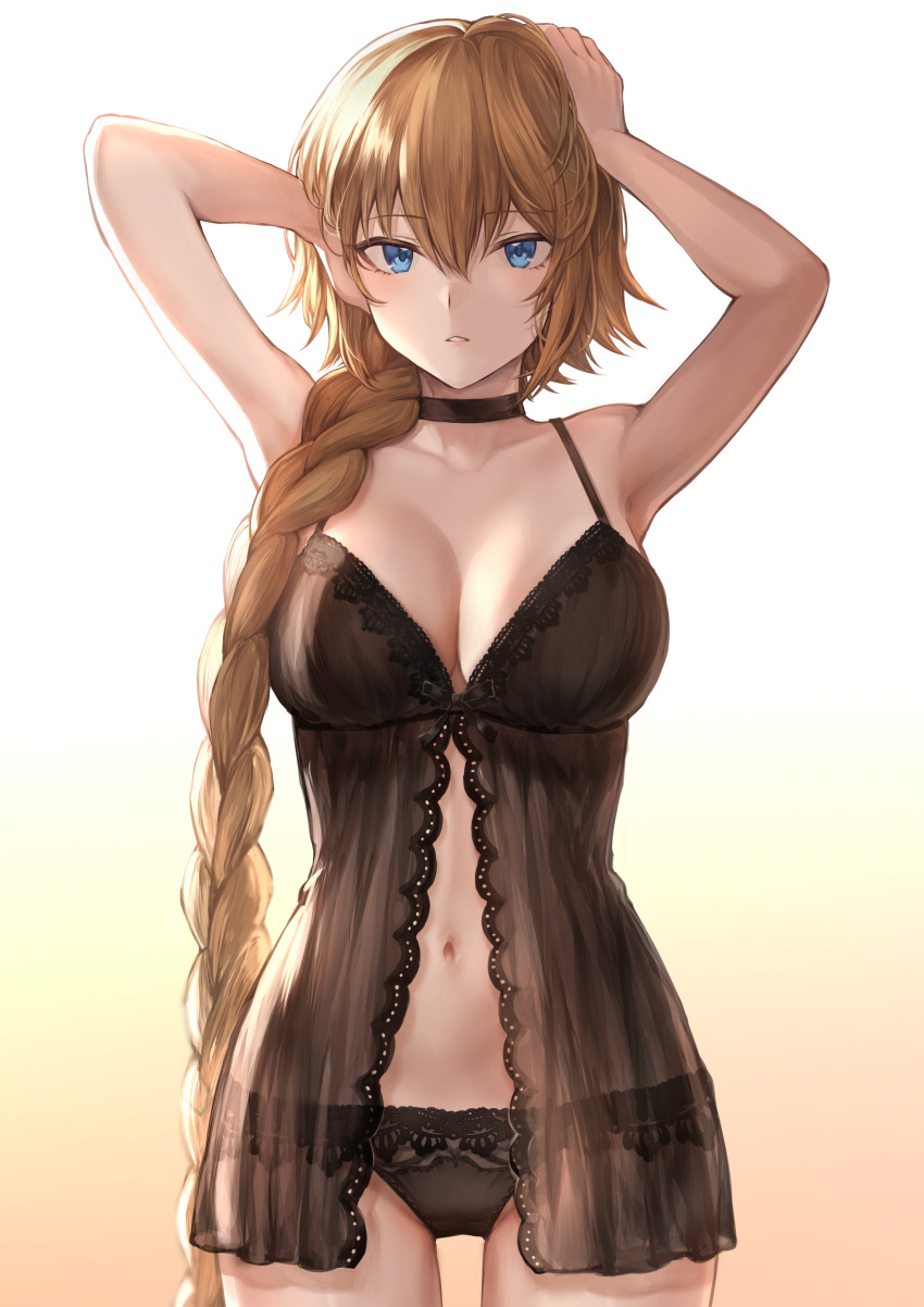 1girl absurdres armpits arms_up black_panties blue_eyes braid breasts brown_hair choker cleavage cowboy_shot eyebrows_visible_through_hair fate/grand_order fate_(series) gradient gradient_background hair_between_eyes highres jeanne_d'arc_(fate) jeanne_d'arc_(fate)_(all) large_breasts lingerie long_hair looking_at_viewer mashu_003 navel negligee panties parted_lips simple_background solo underwear underwear_only very_long_hair