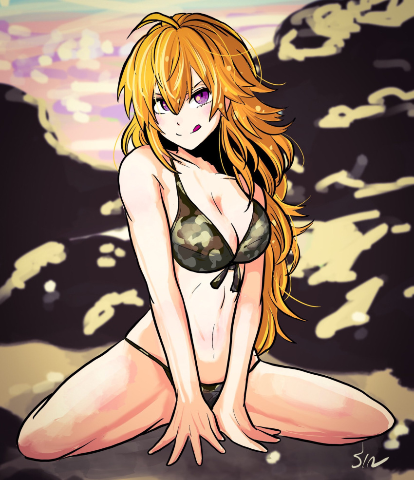 1girl ahoge beach bikini blonde_hair camouflage camouflage_bikini camouflage_panties commentary highres nibeoka_shin'yasu panties rock rwby solo swimsuit tongue tongue_out underwear violet_eyes yang_xiao_long