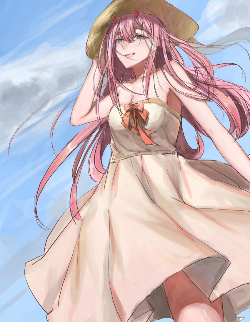 1girl absurdres aqua_eyes bare_shoulders darling_in_the_franxx dress hand_on_headwear hat highres horns liudaohai6001 long_hair pink_hair red_horns sky smile solo strapless strapless_dress zero_two_(darling_in_the_franxx)