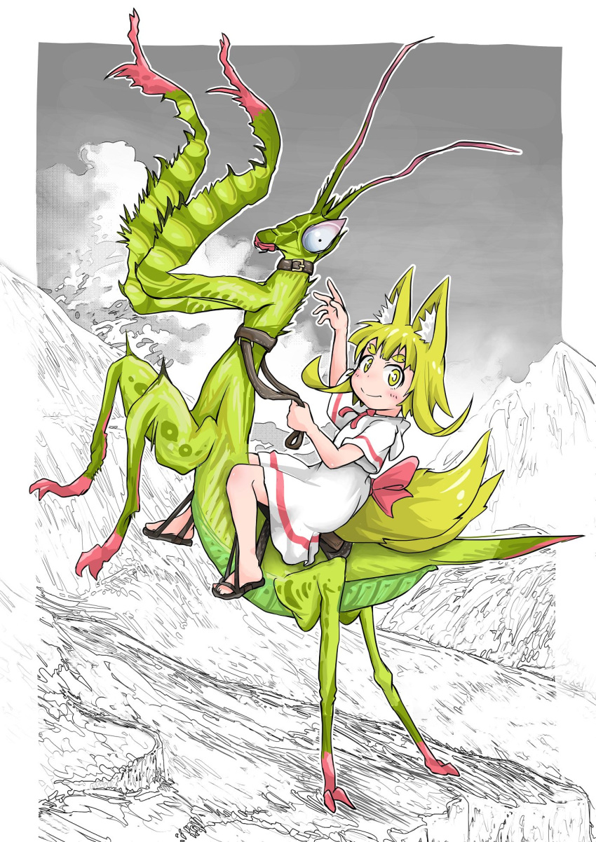 1girl animal animal_ears barefoot belt_collar blonde_hair bright_pupils bug closed_mouth commentary_request doitsuken dress fine_art_parody fox_child_(doitsuken) fox_ears fox_tail from_side highres insect long_hair looking_at_viewer looking_to_the_side napoleon_crossing_the_alps original oversized_animal parody praying_mantis reins riding short_hair short_sleeves smile solo tail white_dress wide_sleeves yellow_eyes