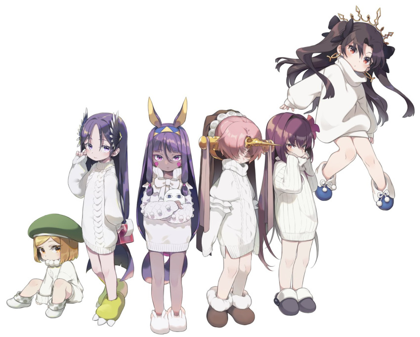 6+girls amana_(pocketkey) animal_ears animal_slippers blonde_hair blush bunny_slippers character_request earrings facial_mark fate/grand_order fate_(series) frankenstein's_monster_(fate) hair_between_eyes highres hoop_earrings horn ishtar_(fate/grand_order) jackal_ears jewelry knees_together_feet_apart long_hair medjed minamoto_no_raikou_(fate/grand_order) multiple_girls nitocris_(fate/grand_order) paul_bunyan_(fate/grand_order) paw_shoes pink_hair purple_hair red_eyes scathach_(fate/grand_order) shoes slippers violet_eyes white_background younger