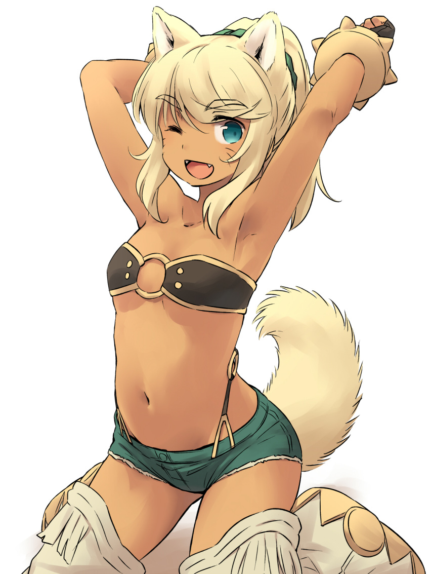 1girl ;d animal_ears aqua_eyes armpits arms_up blonde_hair breasts cutoffs dark_skin denim denim_shorts extra_ears eyebrows eyebrows_visible_through_hair fangs hair_ribbon highres kneeling liru long_hair looking_at_viewer navel o-ring o-ring_top one_eye_closed open_mouth ponytail renkin_san-kyuu_magical_pokaan ribbon short_shorts shorts small_breasts smile solo tail thighs whisker_markings white_background wolf_ears wolf_tail yudepii