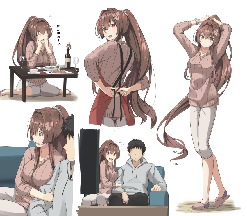 +++ 1boy 1girl :d ^_^ ^o^ alternate_costume apron black_hair black_pants bottle breasts brown_eyes brown_hair brown_sweater closed_eyes commentary_request couch cup drinking_glass eighth_note fairy_(kantai_collection) flower food full_body grey_hoodie grey_jacket grey_shirt hair_between_eyes hair_flower hair_intakes hair_ornament highres hood hoodie jacket kantai_collection large_breasts long_hair long_sleeves multiple_views musical_note negahami open_mouth pants pink_flower ponytail red_apron ribbed_sweater shirt short_hair simple_background smile sweater tears translation_request very_long_hair white_background wine_bottle wine_glass yamato_(kantai_collection)