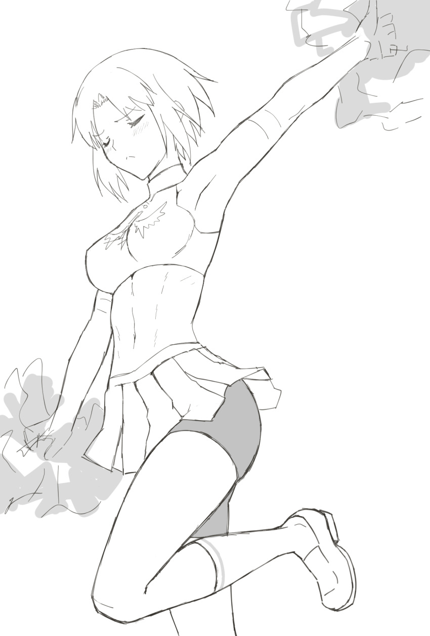 1girl arm_up armpits bike_shorts blush breasts character_request cheerleader closed_eyes elbow_gloves frown gloves greyscale halter_top halterneck highres kneehighs loafers medium_breasts microskirt midriff monochrome navel oceanbellereine pleated_skirt pom_poms shoes short_hair skirt sleeveless solo type-moon