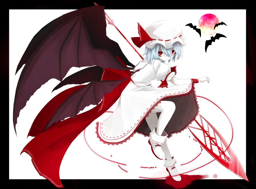aizettonagi bat_wings blue_hair bracelet dress fang floating highres jewelry looking_back looking_to_the_side pale_skin puffy_short_sleeves puffy_sleeves red_eyes remilia_scarlet short_hair short_sleeves simple_background staff touhou white_background white_dress wings