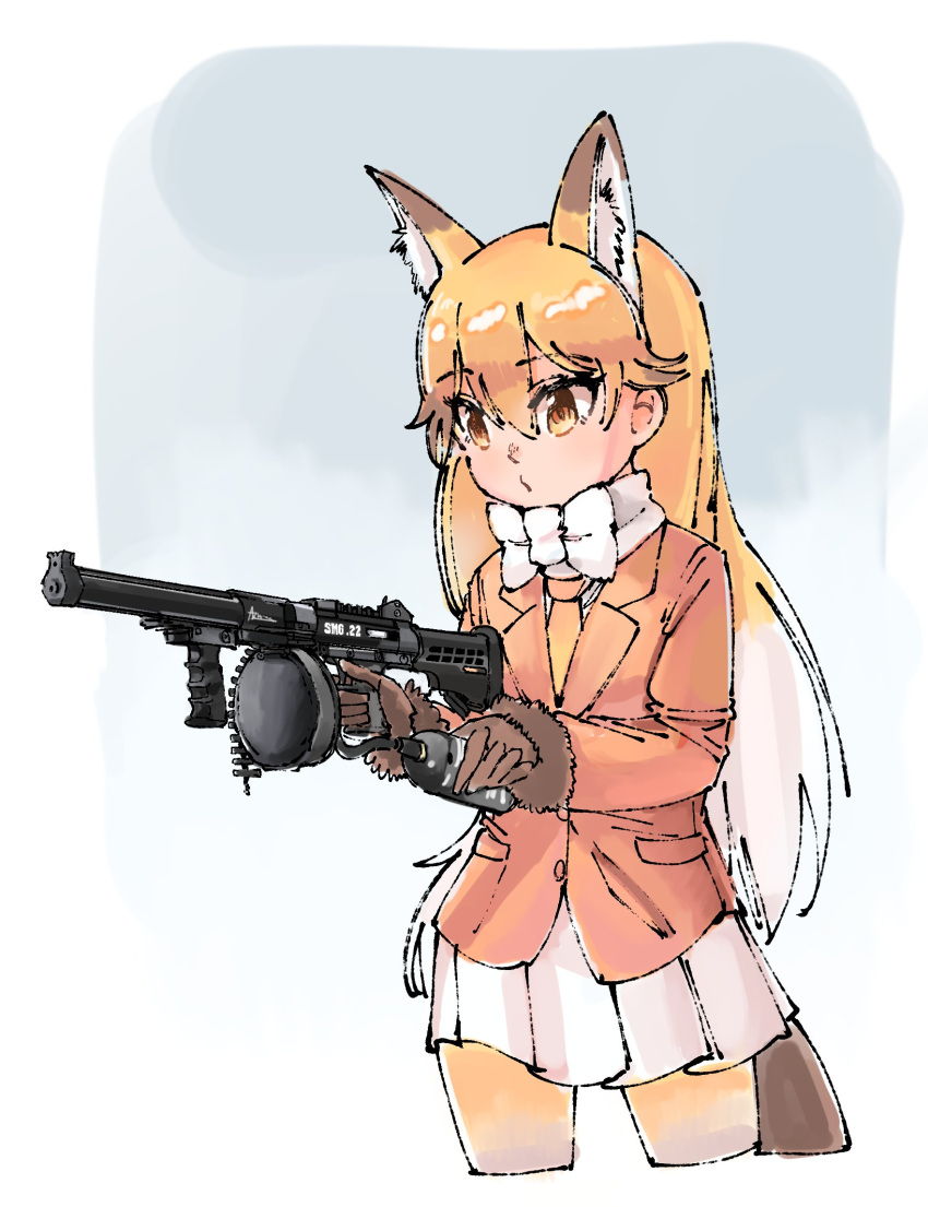 1girl animal_ears bow bowtie coat cowboy_shot eyebrows_visible_through_hair ezo_red_fox_(kemono_friends) fox_ears fox_tail fur_trim gloves gun highres kemono_friends long_hair long_sleeves necktie omnisucker orange_hair pantyhose pleated_skirt skirt solo tail weapon