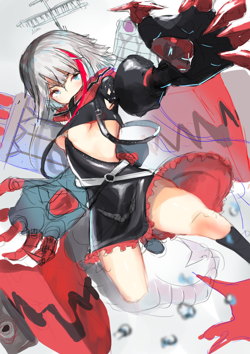 1girl absurdres admiral_graf_spee_(azur_lane) azur_lane bangs black_dress black_footwear blue_eyes boots breasts claws covered_mouth dress fish_tail frilled_dress frills hair_between_eyes highres isaka_wasabi legs_apart long_hair machinery multicolored_hair no_bra red_scarf redhead scarf short_dress short_hair_with_long_locks silver_hair small_breasts solo streaked_hair tail torpedo torpedo_tubes turret two-tone_hair under_boob