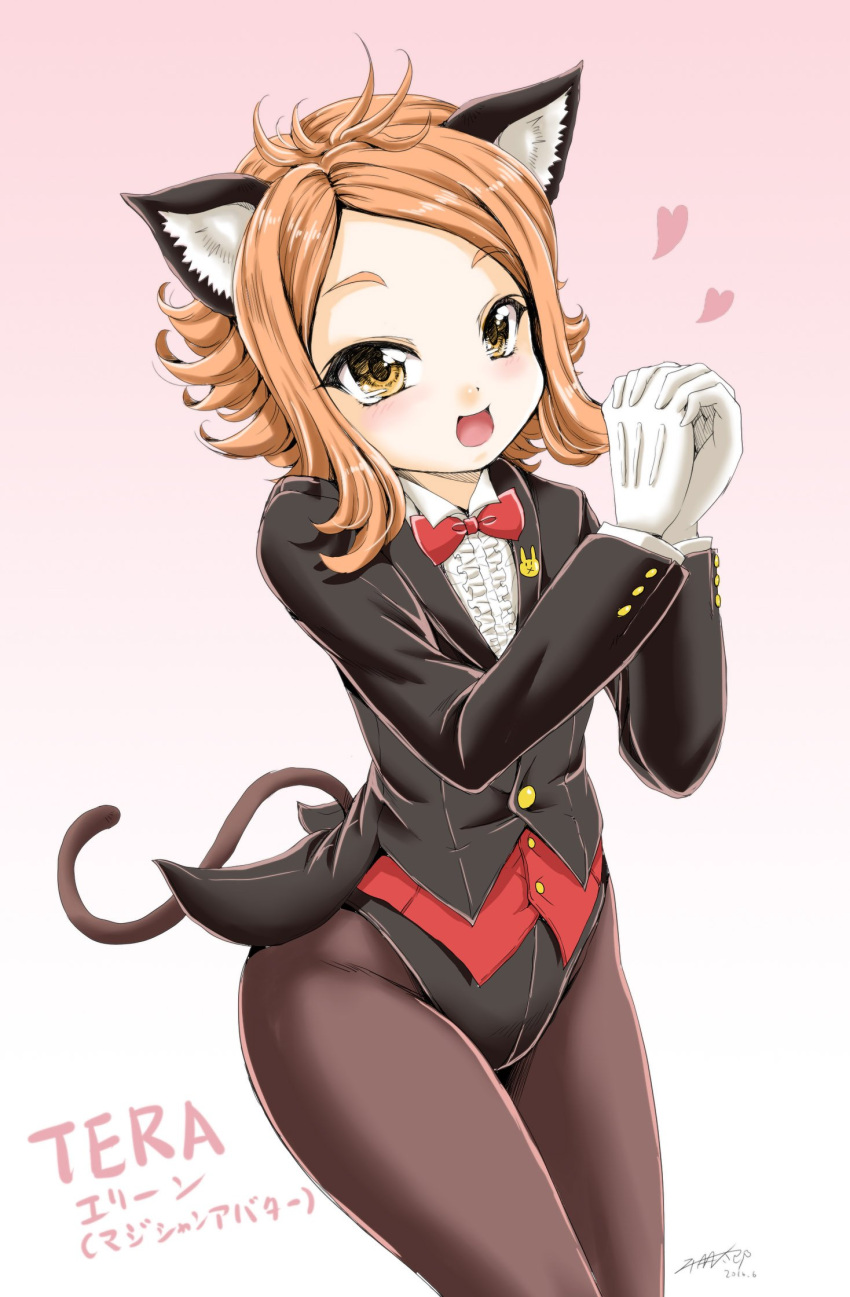 1girl 2016 :d animal_ears bangs black_jacket black_legwear black_leotard blazer bow bowtie buttons cat_ears cat_tail chiaki_tarou collared_shirt copyright_name dated elin_(tera) eyebrows eyebrows_visible_through_hair flat_chest gloves gradient gradient_background groin hands_together hands_up heart highres interlocked_fingers jacket leotard long_hair long_sleeves open_mouth orange_eyes orange_hair pantyhose parted_bangs rabbit red_bow red_neckwear shirt signature smile solo standing tail tera_online white_gloves white_shirt