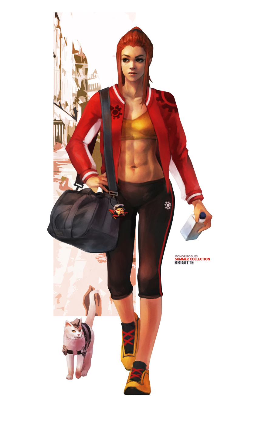 1girl abs absurdres bag bottle breasts brigitte_(overwatch) brown_hair cameo capri_pants cat character_doll commentary duffel_bag english_commentary eyeliner eyeshadow freckles full_body highres jacket jetpack_cat_(overwatch) lips long_hair makeup medium_breasts monori_rogue navel open_clothes open_jacket overwatch pants ponytail shoes sneakers solo sports_bra toned torbjorn_(overwatch) track_jacket walking water_bottle whiskers_(overwatch) white_cat
