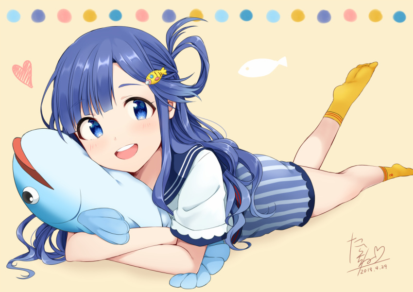 1girl :d asari_nanami blue_eyes blue_hair commentary_request dated fish_hair_ornament hair_ornament hair_rings idolmaster idolmaster_cinderella_girls long_hair looking_at_viewer lying object_hug on_stomach open_mouth signature smile solo stuffed_animal stuffed_fish stuffed_toy tarachine yellow_legwear