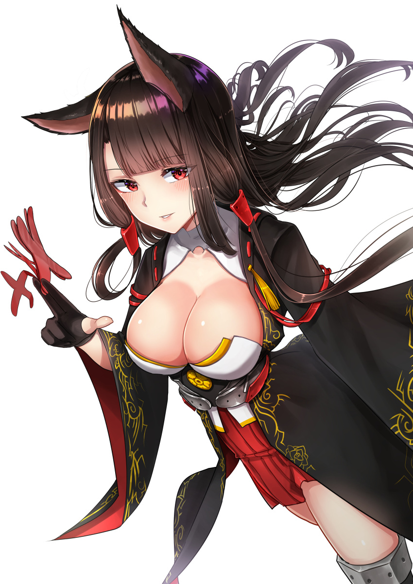 1girl absurdres akagi_(azur_lane) animal_ears azur_lane bangs black_hair blunt_bangs blush breasts brown_hair cleavage collarbone commentary eyebrows_visible_through_hair floating_hair fox_ears fox_tail gloves gui_ss hair_ribbon highres japanese_clothes large_breasts long_hair long_sleeves looking_at_viewer multiple_tails parted_lips partly_fingerless_gloves red_eyes revision ribbon rigging sidelocks simple_background skindentation smile solo tail tassel thigh-highs tress_ribbon white_background wide_sleeves