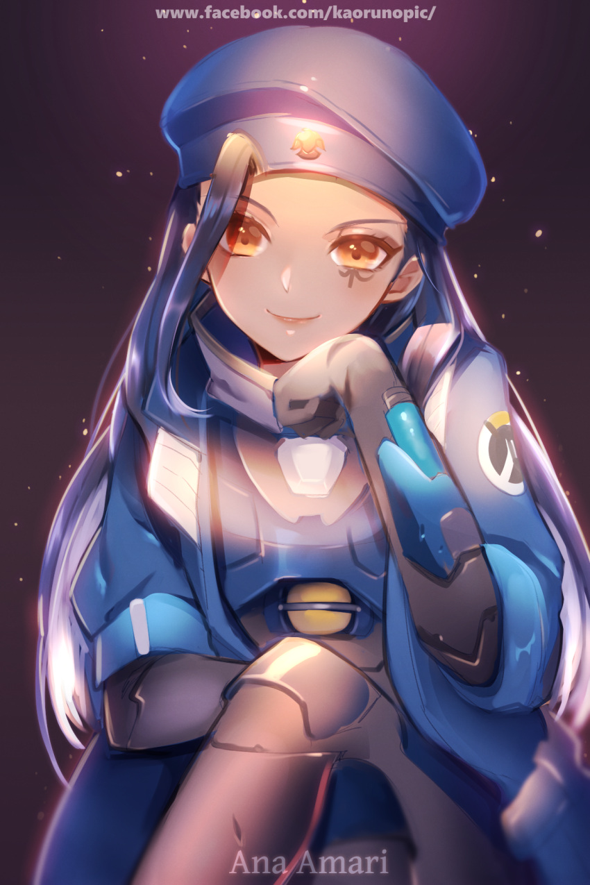 1girl ana_(overwatch) armor atobesakunolove black_hair blue_hat brown_eyes character_name coat commentary_request facebook_username hat highres light_particles long_hair long_sleeves looking_at_viewer overwatch purple_background sitting smile solo watermark web_address