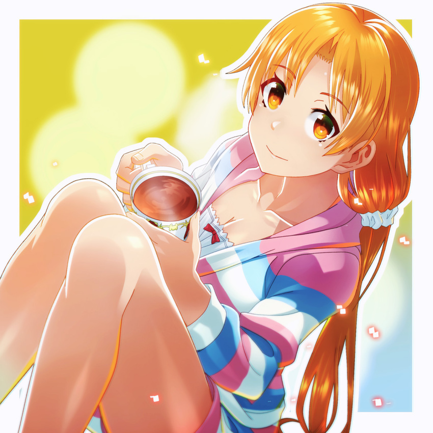1girl asuna_(sao) blonde_hair breasts cleavage collarbone cup eyebrows_visible_through_hair hair_between_eyes hair_ornament hair_scrunchie highres holding holding_cup is_ii long_hair medium_breasts orange_eyes scrunchie shiny shiny_hair sitting smile solo striped striped_sweater sweater sword_art_online teacup twintails very_long_hair white_scrunchie